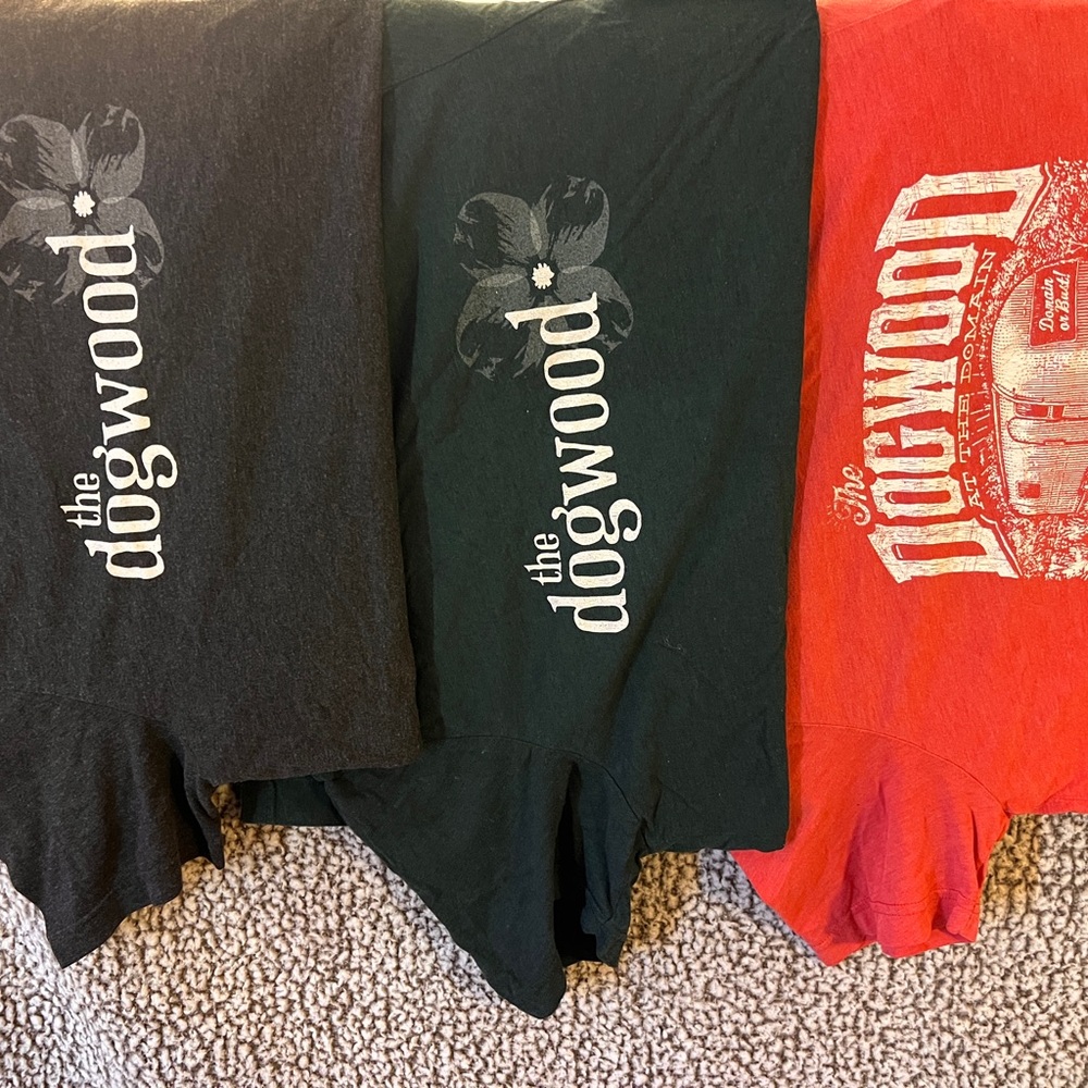 The Dogwood - Austin TX bar tees. Grey, dark green and red “rock rose”.